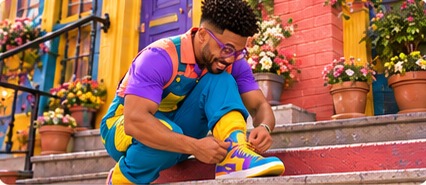 Wonkee sits on his front steps to tie his colorful sneaker.